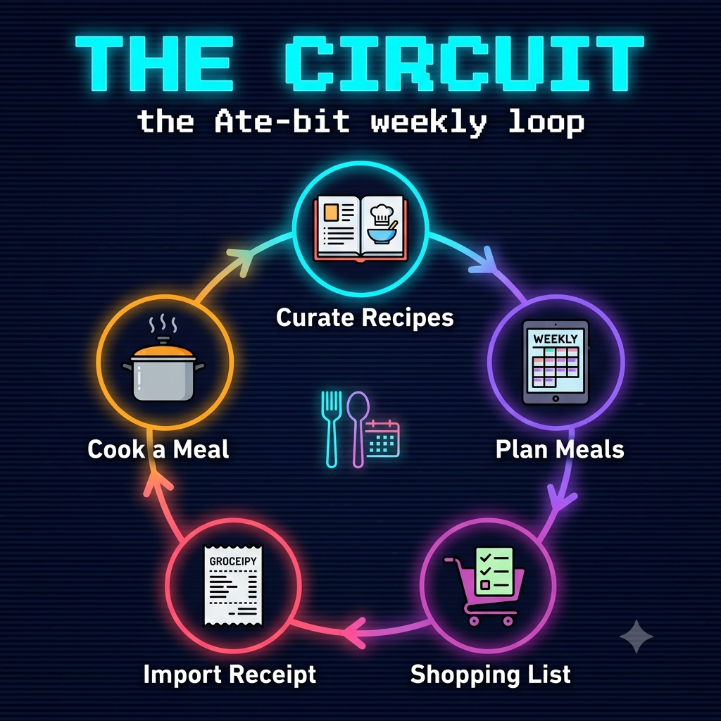 The Circuit: a five-stop loop that runs the Ate-bit week (curate recipes, plan meals, build the shopping list, import your receipt, and cook a meal), then loops back to the start for the next week.